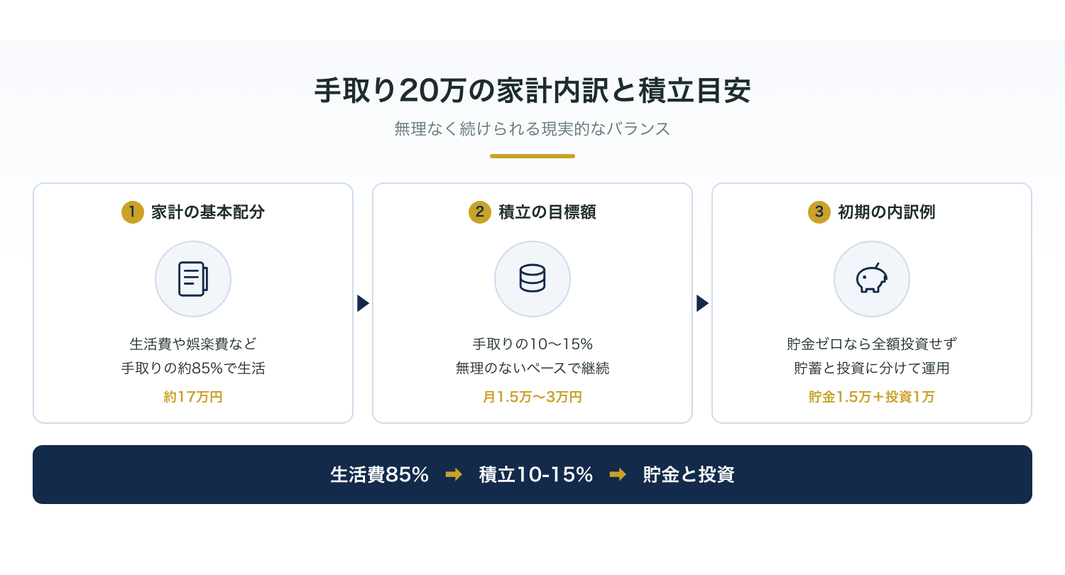 手取り20万円一人暮らしの家計内訳と積立の目安