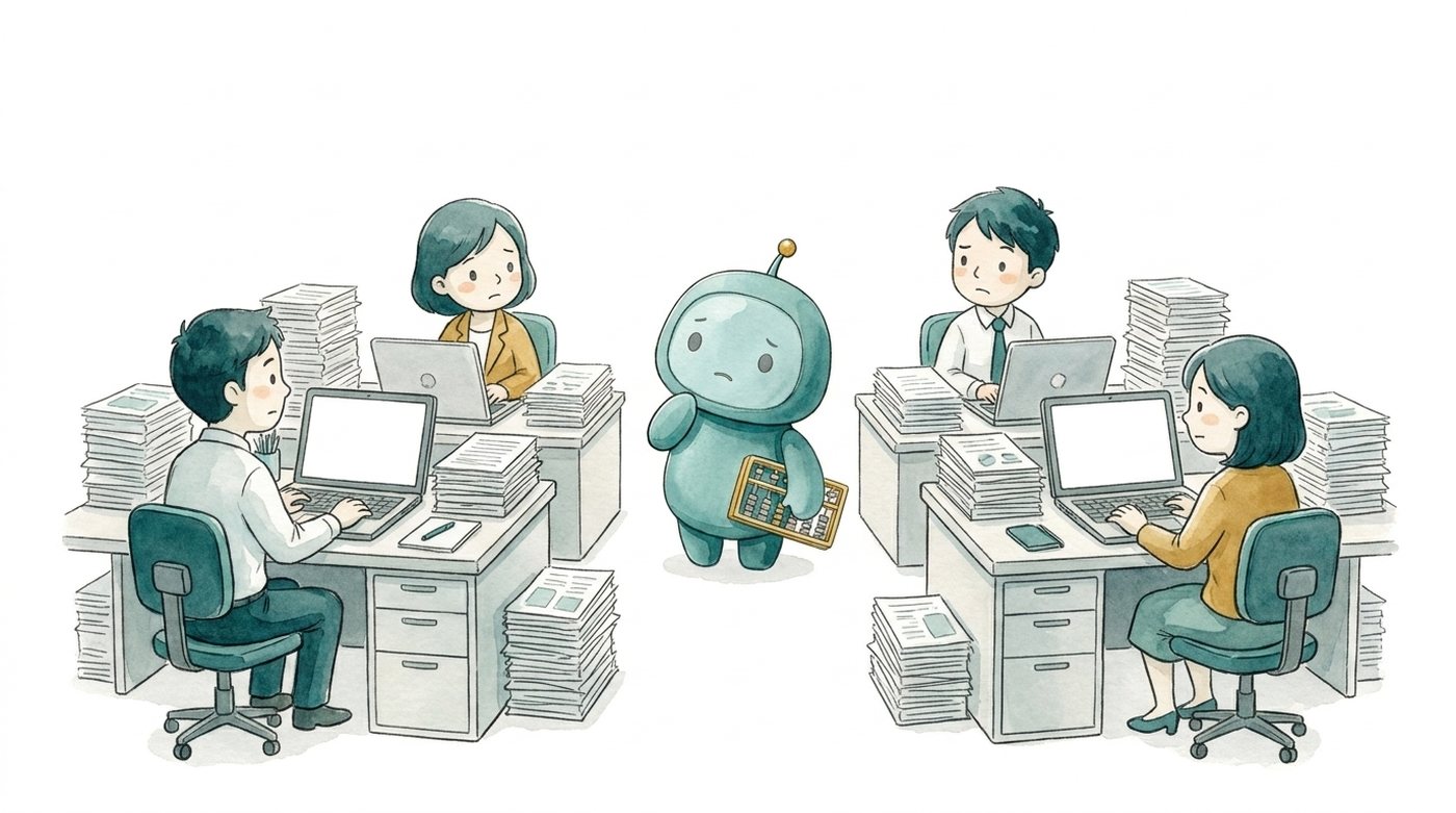 社員全員にパソコンを配ったものの、書類の山はそのままで、AIの相棒が首をかしげている