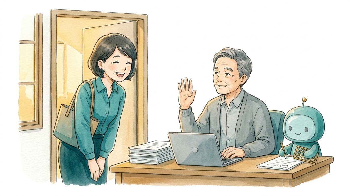 夕方、事務の方が定時に帰り、社長が手を振って見送る。机ではAIの相棒が書類を仕上げている
