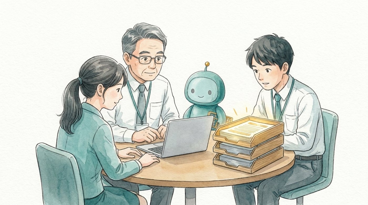 3人のチームとAIの相棒が1台のパソコンを囲み、最初に任せる仕事を選んでいる